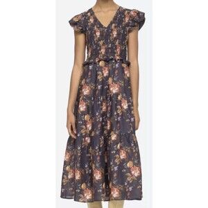 Sea NY Esme Floral Smocked Midi Dress Ruffle Tiered Skirt Navy Blue Size 2